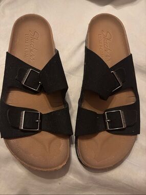 Skechers Black Suede Dual-Buckle Slide Sandals